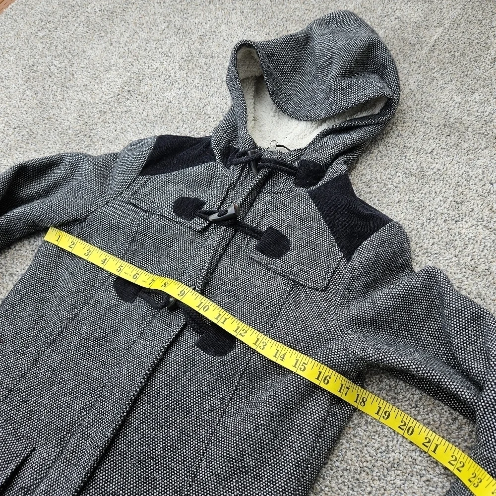 Prana Megan Black Tweed Duffle Wool Blend Jacket Sherpa Hood Toggle Womens XS